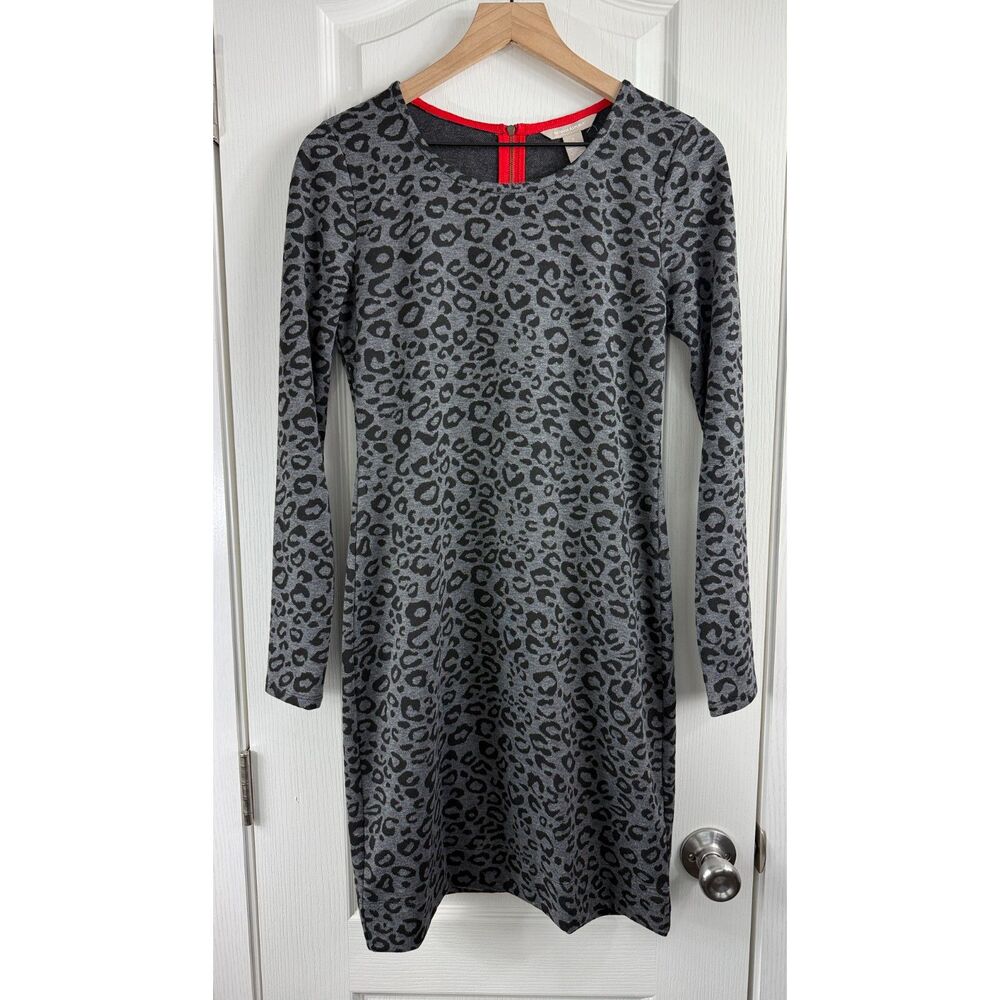 Banana Republic Womens 6 Leopard Animal Print Long Sleeve Dress Gray Red Zip